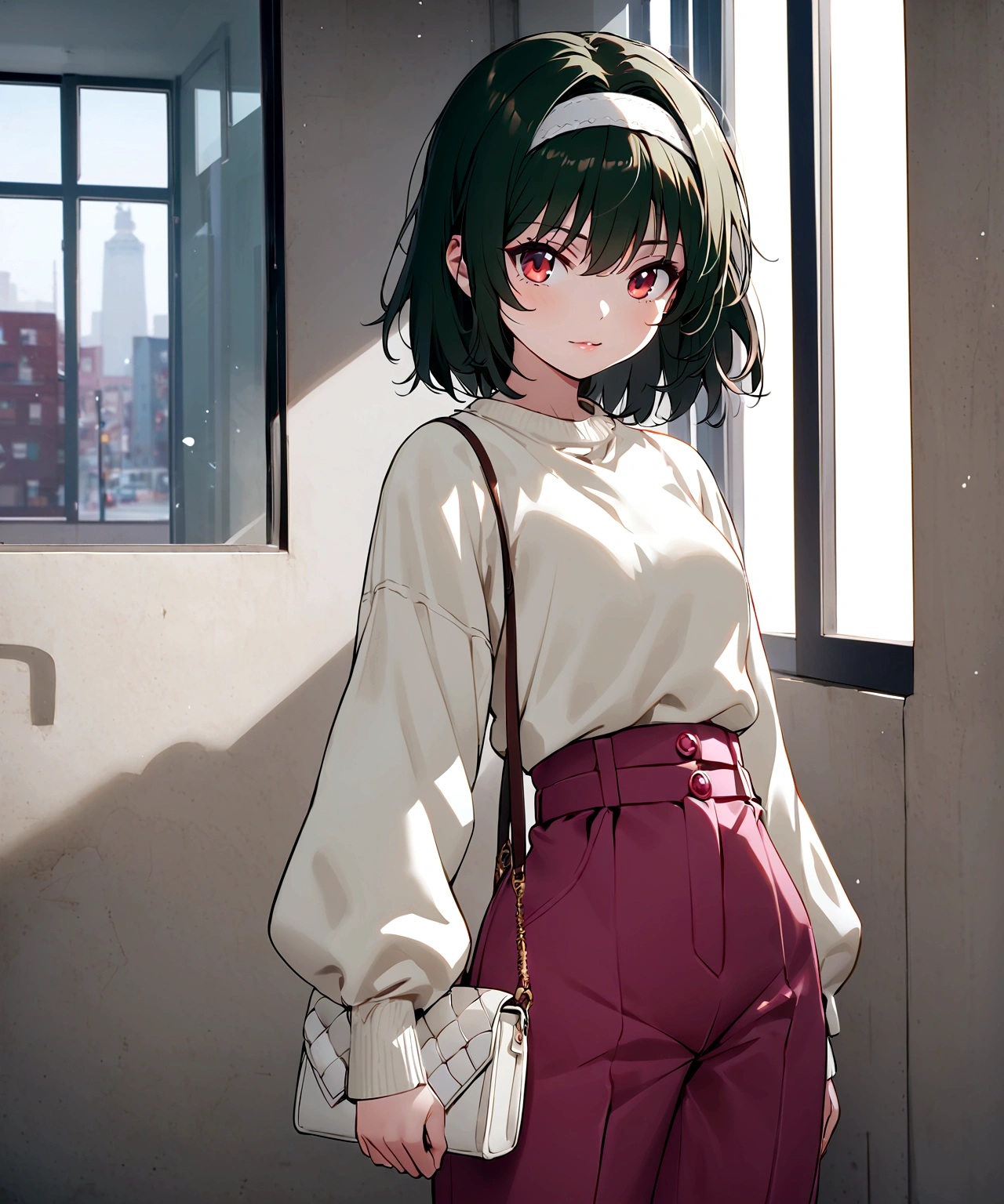 (Houjou_Satoko), 1girl, solo, (Blonde Hair), Red eyes, short hair, hair band, Small breasts, I&#39;m 11 years old,  looking at viewer, shirt, long sleeves, standing, white shirt, pants, medium hair, bag, sweater, lips, window, handbag, holding bag, high-waist pants