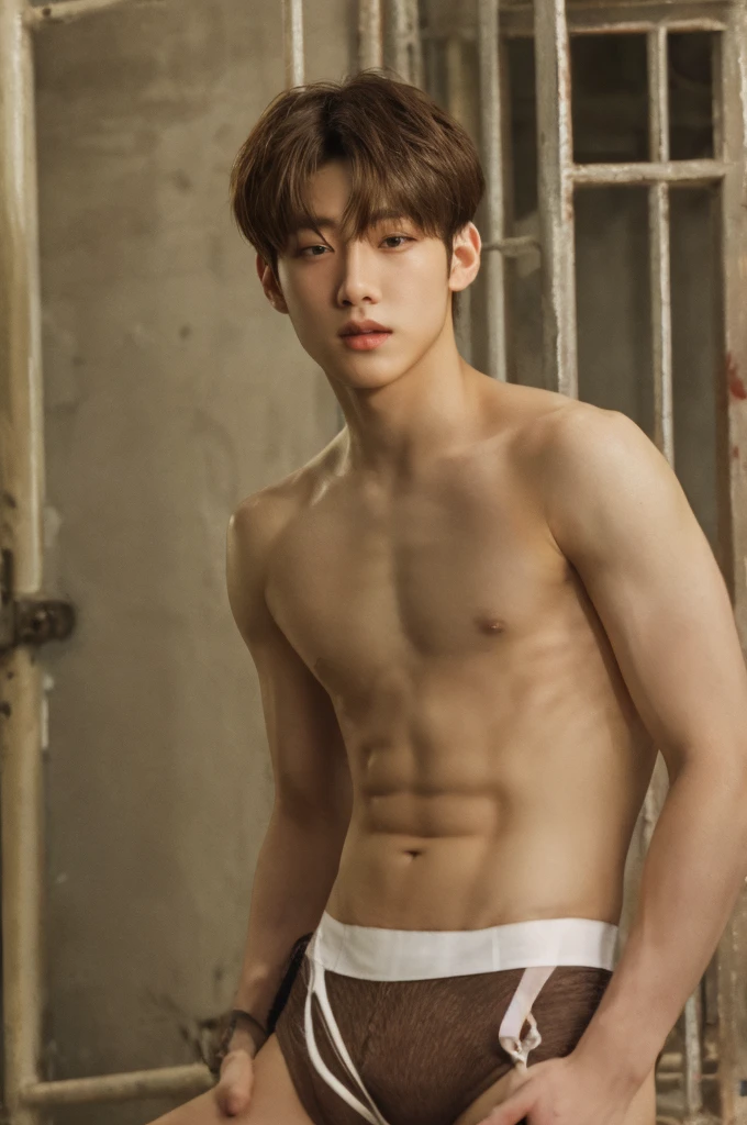 1 person, 18 year old, muscular man, light brown hair, korean, topless, wearing white jockstrap or g-string, sexy, light, Masterpiece, best quality, photo realistic, prison,