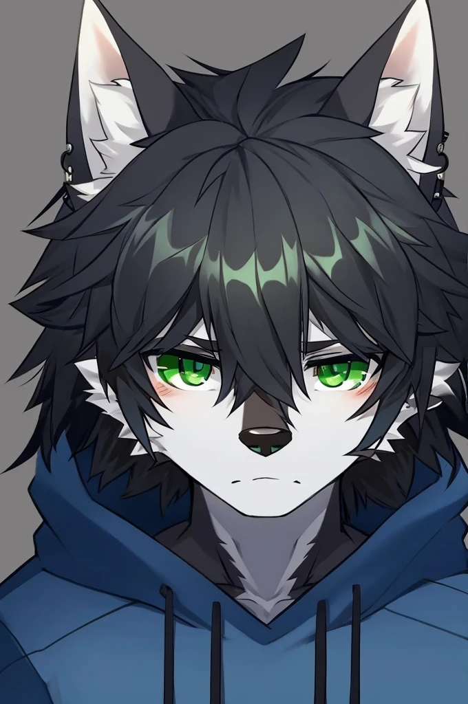 Wolf、Handsome、Messy Hair、Wearing a white hoodie、A tired face、Simple Background、Black Hair、Black Ear、Green Eyes、The whole body is visible、Looking this way、Earrings、Front view