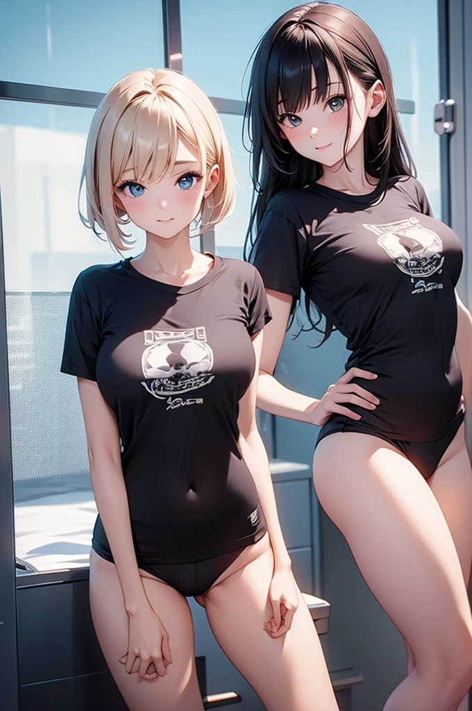 a sexy woman, (best quality), (masterpiece), (1girl), slim, anime, (flat chested), (protrait), ((lift tshirt on breasts)) , short pants), (front view)