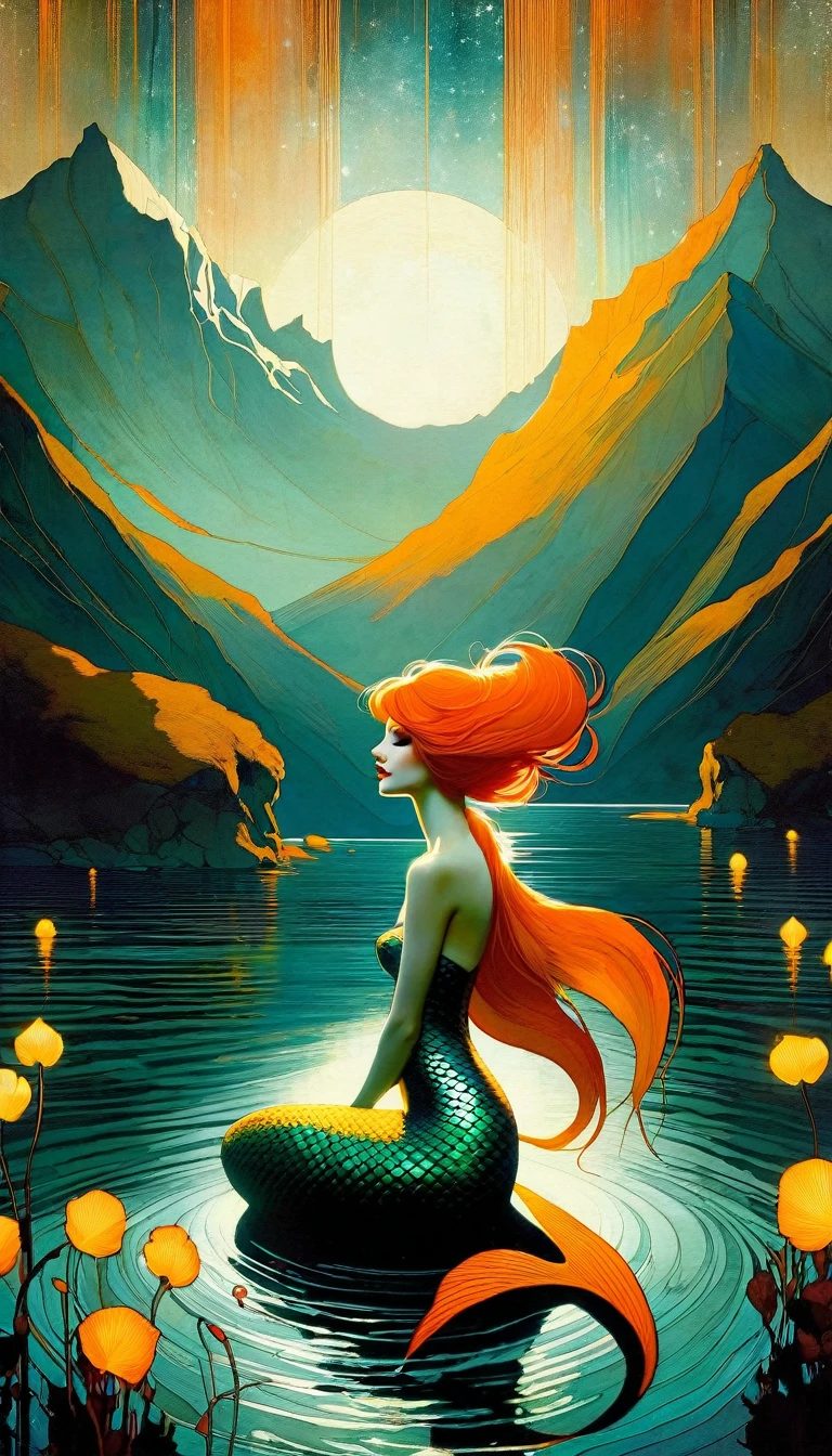 orange hair, She is a mermaid with a long tail of an orange-haired fish and very beautiful, she is sitting cheerful and quiet, in the lake with an enclosed mountain, low and bright Darksynth aesthetic, minimalist background, gothic makeup, weird fashion photography, ultra detailed, masterpiece. night, Dios, cuerpo completo, Paneles decorativos, abstract artistic, Alphonse Mucha (tmasterpiece, Mejor calidad, A high resolution: 1.4), Un detallado, Detalles complicados, 4k,(art inspired by Bill Sienkiewicz) oil painting, details of brush strokes that enhance depth)
