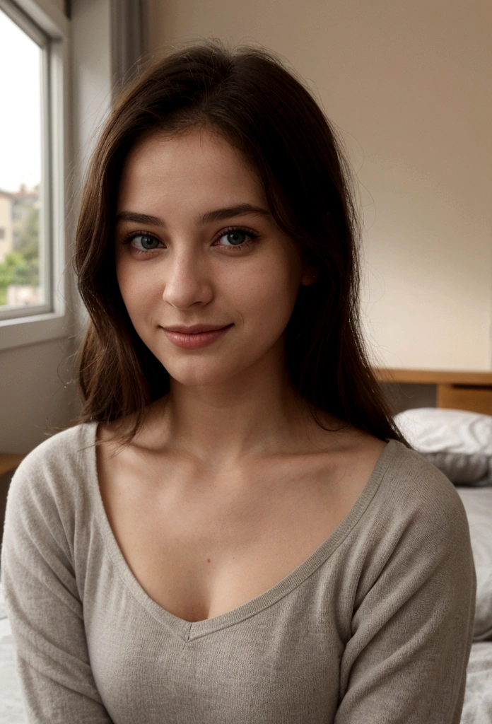 Une très belle fille aux cheveux noirs, a slight smile at college, de beaux grands yeux allongé sur un lit en sous vetement. full afternoon, le soleil perçant joue avec les rayons dans les cheveux de la jeune fille. natural and cinematic setting, HasselbladX2D, ultra detailed, photorealistic