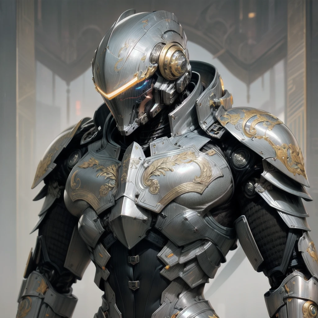 (((An epic and visually stunning digital anime masterpiece featuring a sylphlike masculine ((male:1.5)) decorated military dieselpunk cyborg soldier clad in a sleek yet tactical armored yet decorated leather military trench coat:1.2))), (((flat masculine male chest:1.5, full head covered by a mechanical mecha knight helmet with a narrow visor:1.5))), (((the character adorned in a (scifi tactical armored open front trench coat with a built in exoskeleton) (over a form fitted armor plated yet super sleek and revealing under suit with waist cut outs), the armor plating on the upper arms and shoulders beautifully engraved))):1.4. The image showcases the intricacies of the character’s armor and clothing:1.5, ((capturing their flamboyant essence and heavy mecha aesthetic:1.2)). The character also possesses an androgynous charm, (((with slim yet heavily muscled physique:1.2, sylphlike with a sleek waist, toned yet beautifully sleek cybernetic arms:1.3, mechanical arms and legs:1.3, mecha muscles:1.3))), looking at viewer, (((brass metal armor and brown leather, dieselpunk:1.3))), (((depth of field, cinematic lighting, chromatic aberration, ray tracing, UHD, masterpiece, no hair, super detail, high details, high quality, award winning, 8k, highres)))