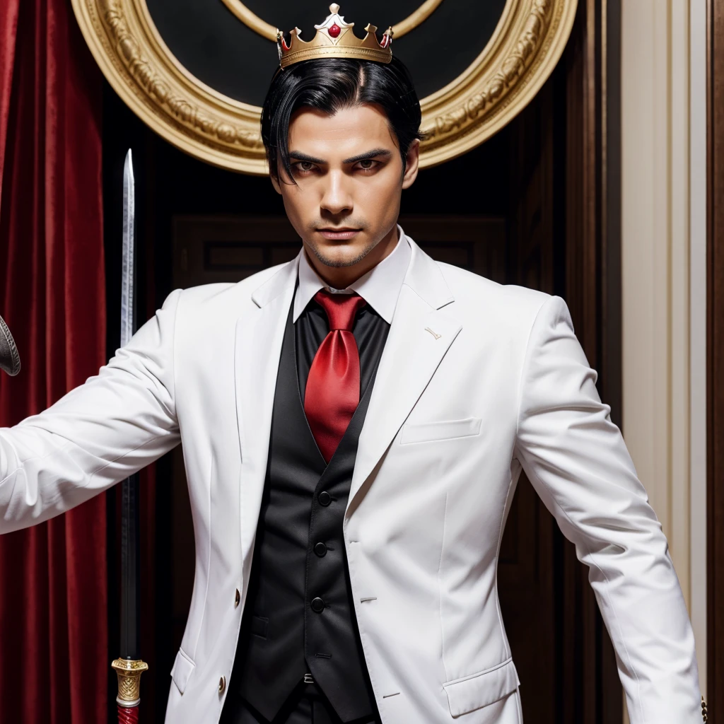 A Guy with Left Eye White & Right Eye Like, BLACK Hair, Suit, Red Tie, Crown on Head and Sword in the Hand
