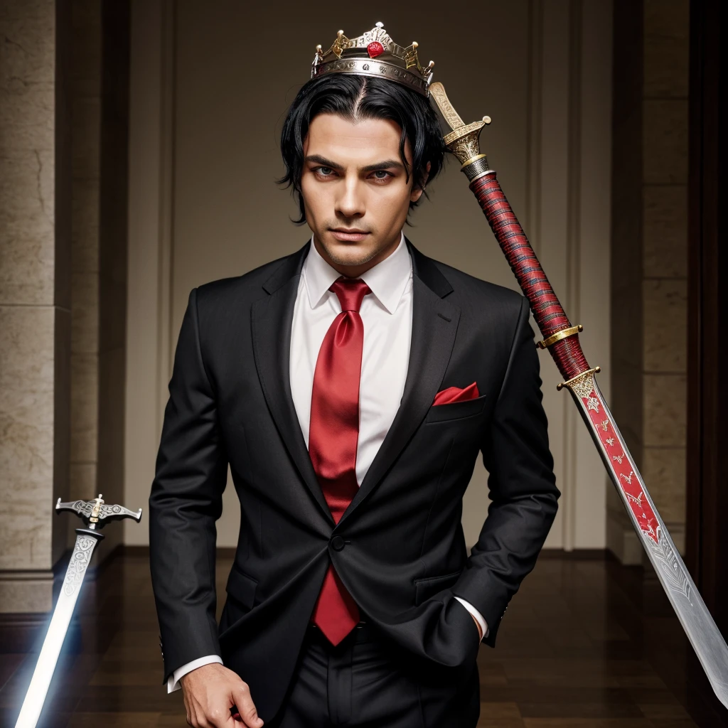 A Guy with Left Eye White & Right Eye Like, BLACK Hair, Suit, Red Tie, Crown on Head and Sword in the Hand