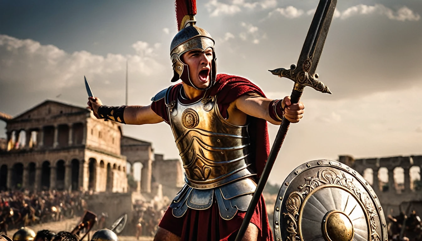 An inspiring cinematic photo of a 27-year-old young man dressed as a Roman soldier, personifying the ancient Roman Empire. His intricate metallic armor shines in the sunlight, adorned with symbols of Roman power and victory. The soldier's face is etched with terror as he holds his sword and shield with fierce determination, engaged in a duel against a ferocious enemy. The background depicts a chaotic battle with the Gauls, revealing a distant city and the emblem of the 15th Legion of the Roman Army. The atmosphere is rich with historical authenticity, intense drama, and the weight of life-and-death stakes., photo, cinematic