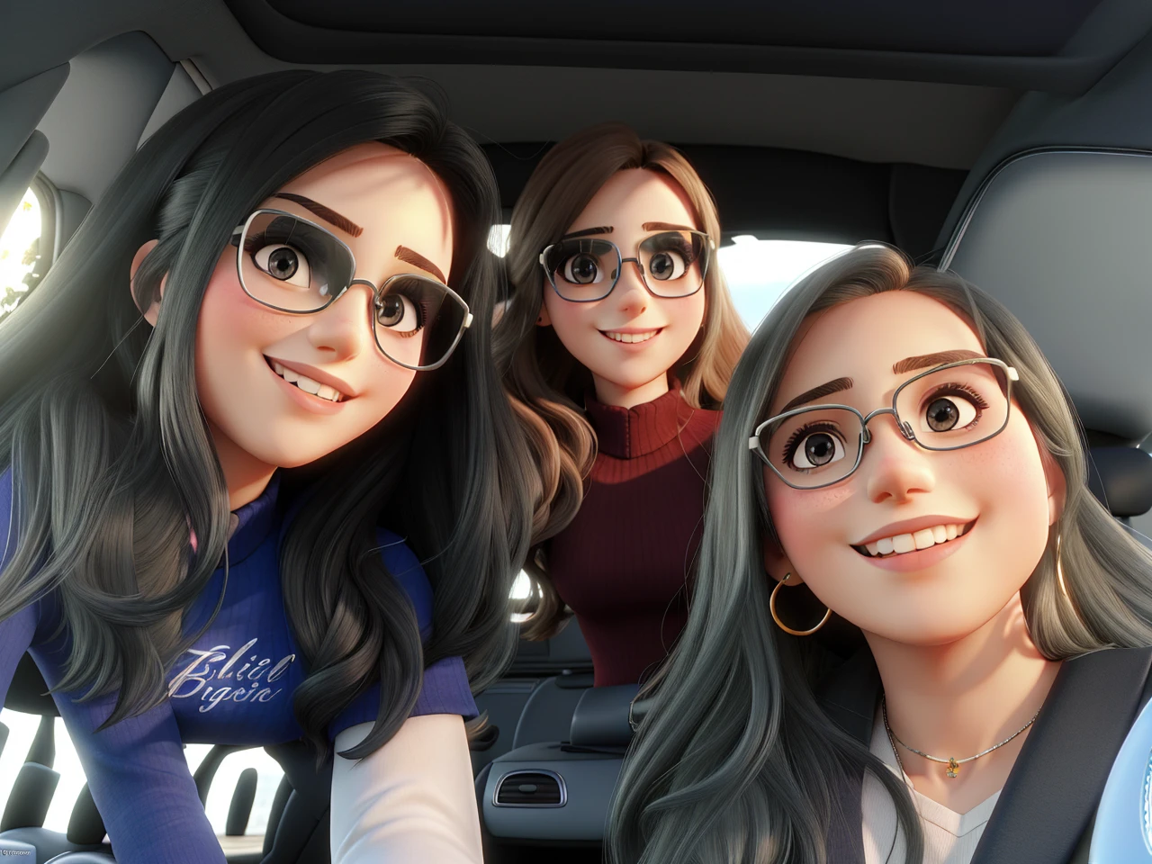 Three beautiful women, with long straight hair, posing for a background inside a beautiful car, on a sunny day