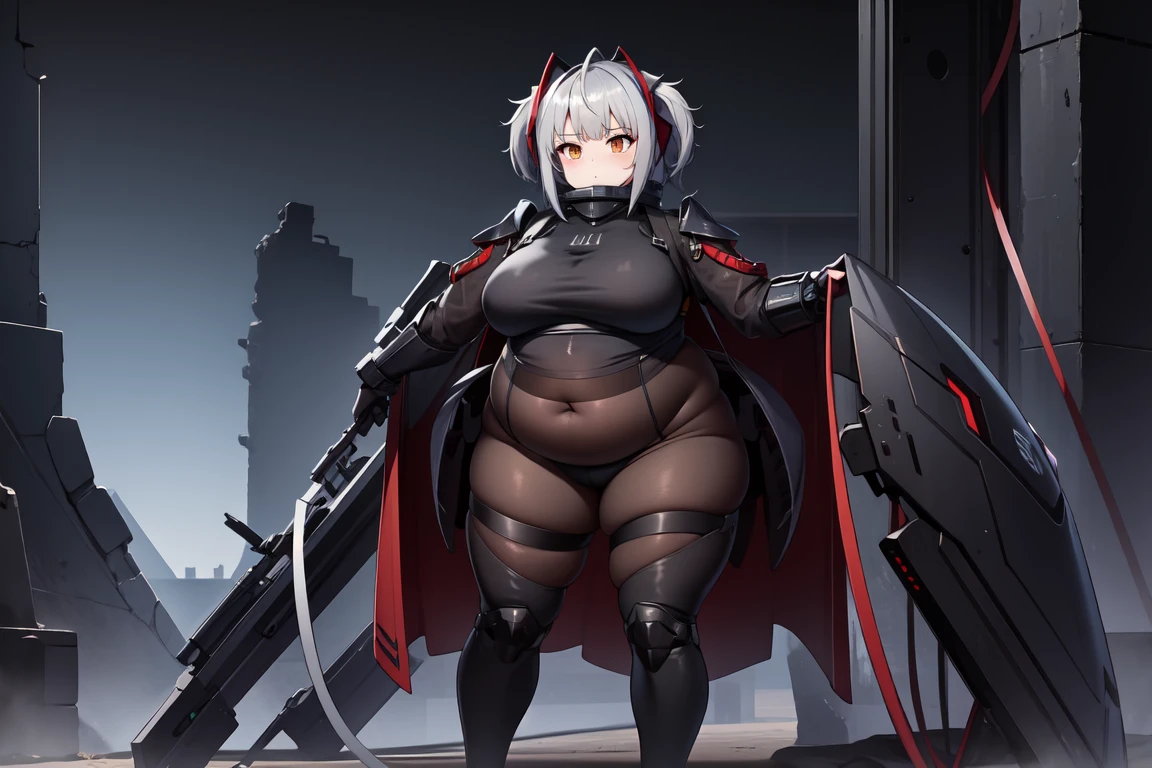 1girl, w_arknights, black bodysuit with blue parts, ancient space ruins, hi-tech armor pieces, face, fat legs, see through clothes, side boob