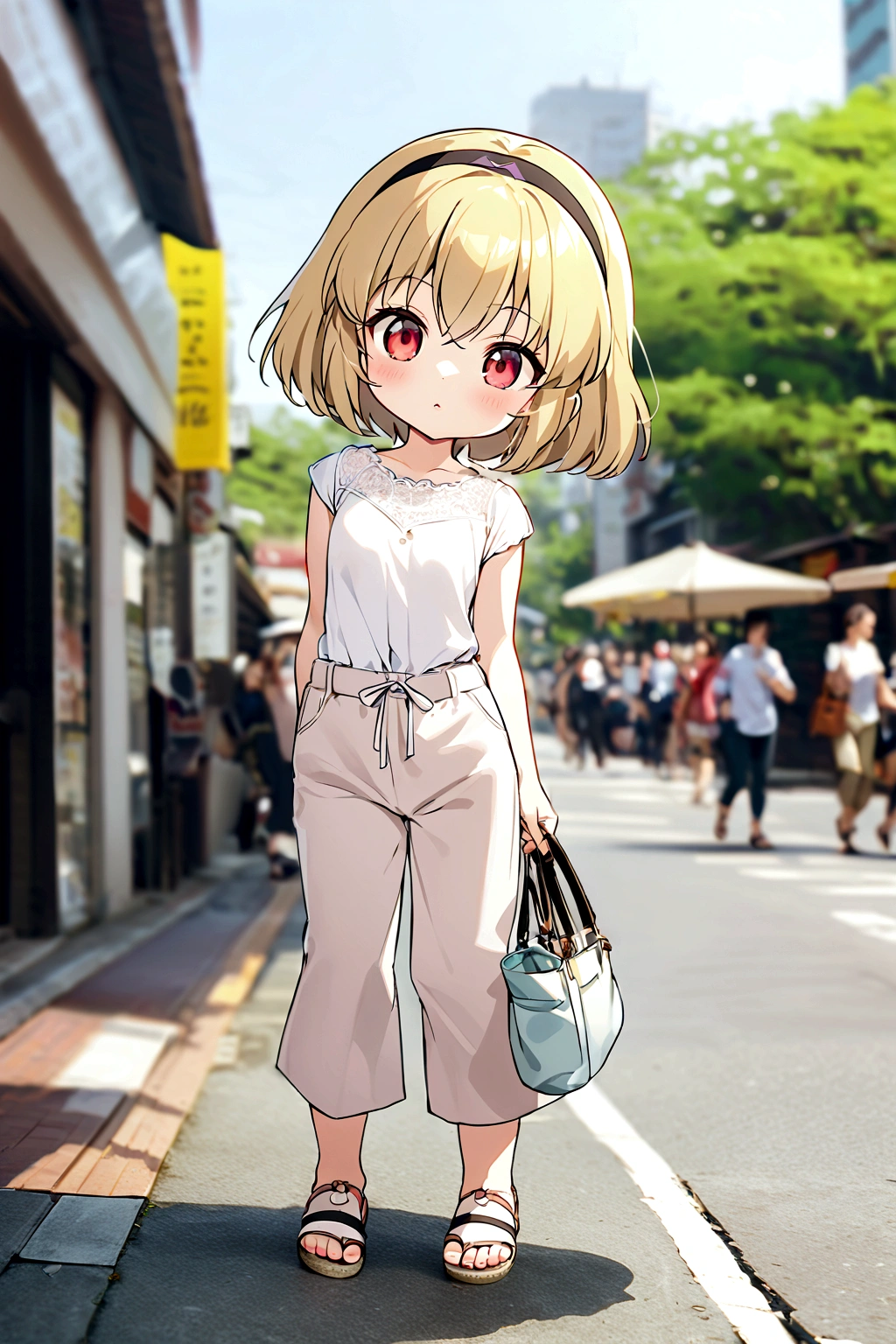 (Houjou_Satoko), 1girl, solo, chibi, (Blonde Hair), Red eyes, short hair, hair band, Small breasts, I&#39;m 11 years old,  looking at viewer, shirt, holding, standing, full body, white shirt, outdoors, pants, bag, blurry, lips, blurry background, sandals, handbag, white pants, holding bag, photo background