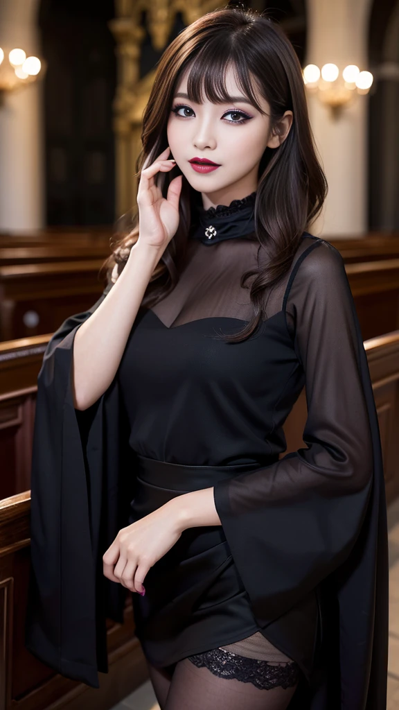 best quality、ultra-detailed、8k、Japanese、Japanese、Seductive beauty、seductive adult woman、Pretty Woman、cool girl、smirk、Wicked Smile、Villainess、brainwash makeup、Brainwashed、brainwash、Fallen into evil、Evil look、evil、Brown hair、wavy hair、swept bangs、dark makeup、piercing eyes、hollow eyes,half-closed eyes、Hollow Eyes、purple Eyeshadow、black lipstick、black lipglos、black elegant dress、wide sleeve、Black flared skirt、skin color pantyhose、stockings、night、inside church、Are standing、Look、Offer、shoot from below、Swear allegiance、I have pledged my allegiance、