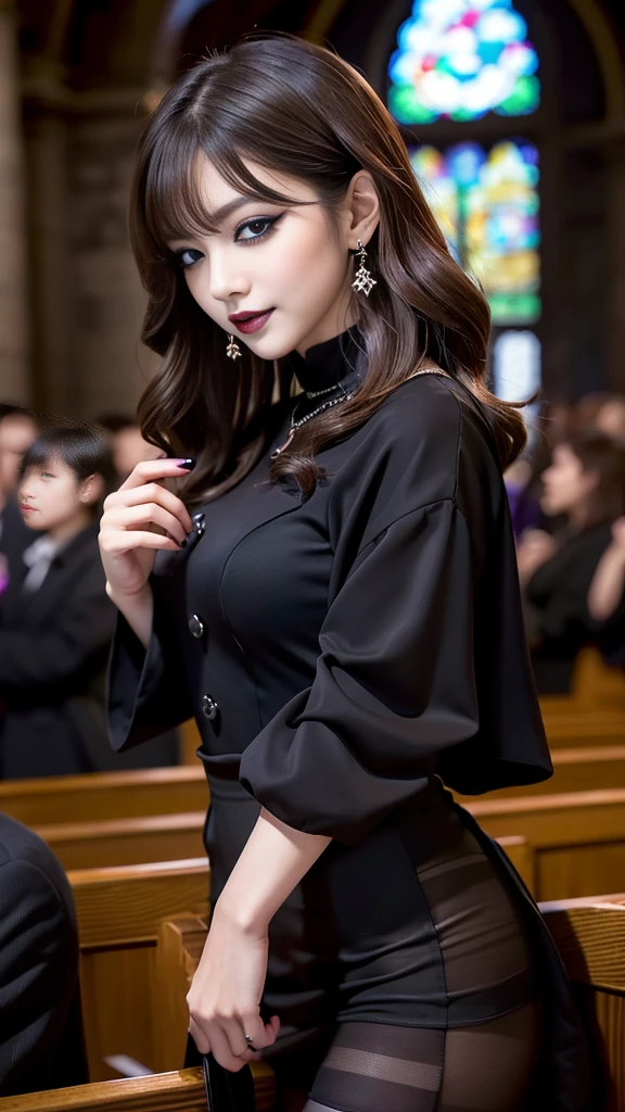 best quality、ultra-detailed、8k、Japanese、Japanese、Seductive beauty、seductive adult woman、Pretty Woman、cool girl、smirk、Wicked Smile、Villainess、brainwash makeup、Brainwashed、brainwash、Fallen into evil、Evil look、evil、Brown hair、wavy hair、swept bangs、dark makeup、piercing eyes、hollow eyes,half-closed eyes、Hollow Eyes、purple Eyeshadow、black lipstick、black lipglos、black elegant dress、wide sleeve、Black flared skirt、skin color pantyhose、stockings、night、inside church、Are standing、Look、Offer、shoot from below、Swear allegiance、I have pledged my allegiance、