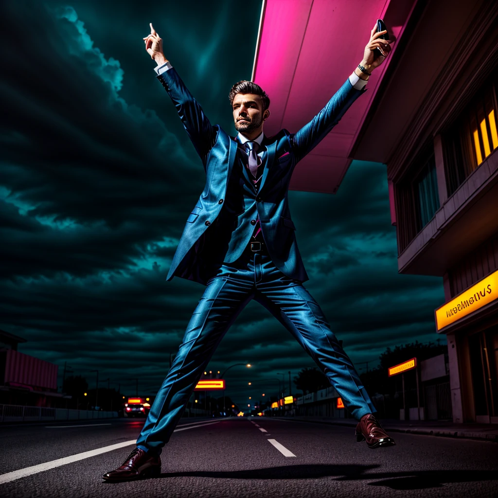 a stock foto image of a elegant man in a street. the street is very luxury, the sky is dramatic and of neon colors. full body shot