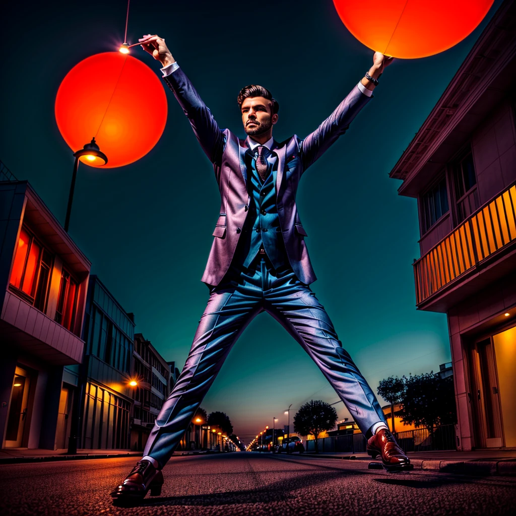 a stock foto image of a elegant man in a street. the street is very luxury, the sky is dramatic and of neon colors. full body shot