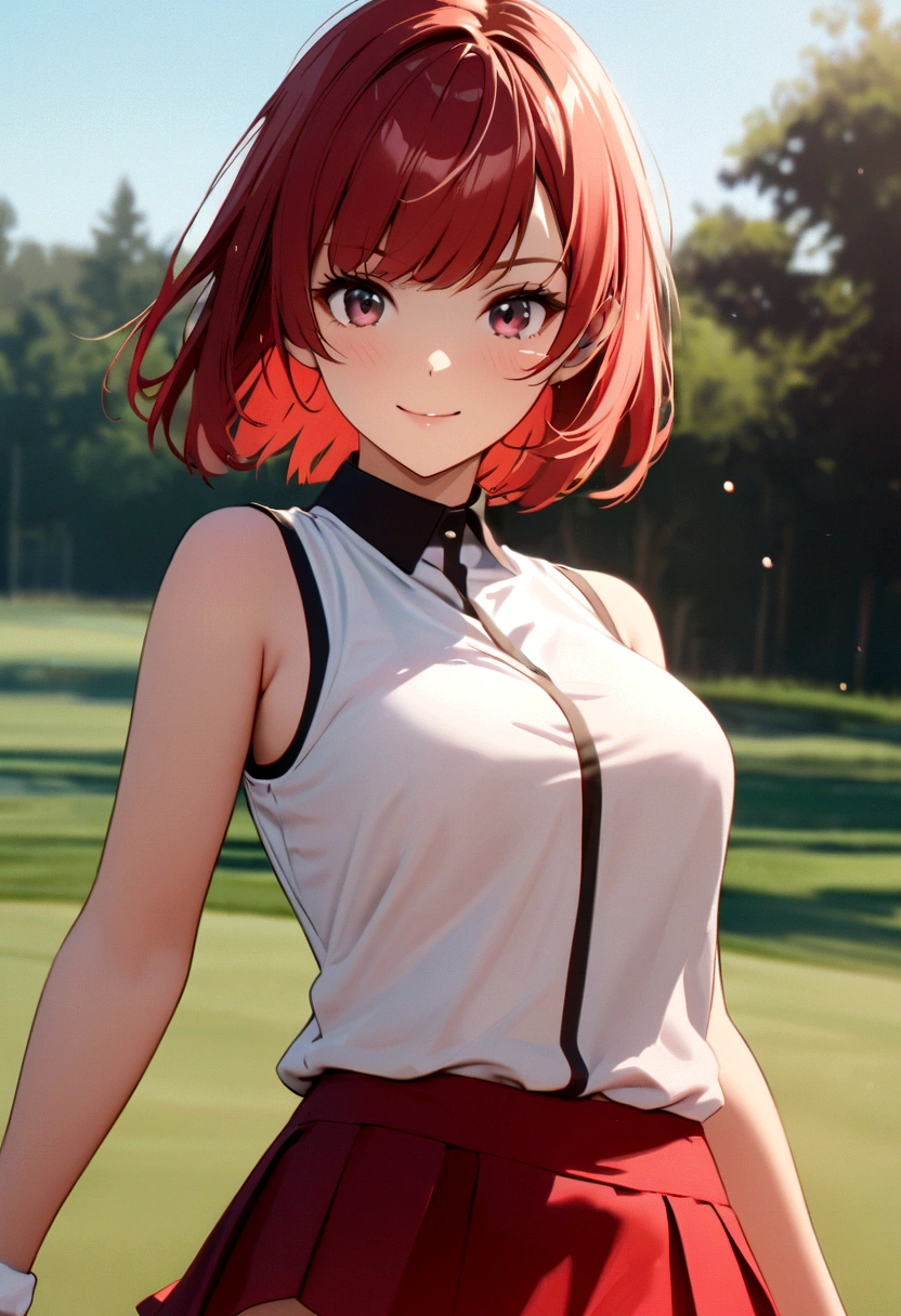 sound　high resolution　8k beauty　Woman playing golf　Golf course　Beautiful woman　Bobcut　Red hair　　Golf Wear　mini skirt　smile　　looking at the camera　nice shot　No sleeve