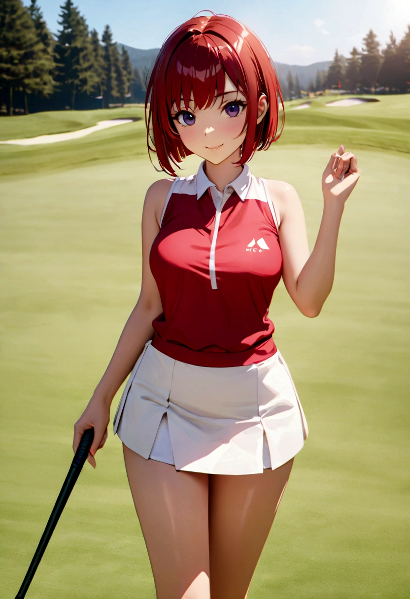 sound　high resolution　8k beauty　Woman playing golf　Golf course　Beautiful woman　Bobcut　Red hair　　Golf Wear　mini skirt　smile　　looking at the camera　nice shot　No sleeve