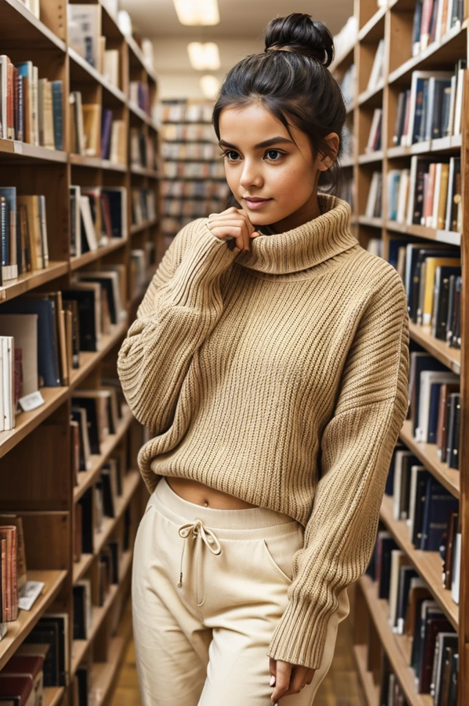 Girl in a bookstore dressed in a shot pants under a beige sweater taking four books on her hands with a messy bun