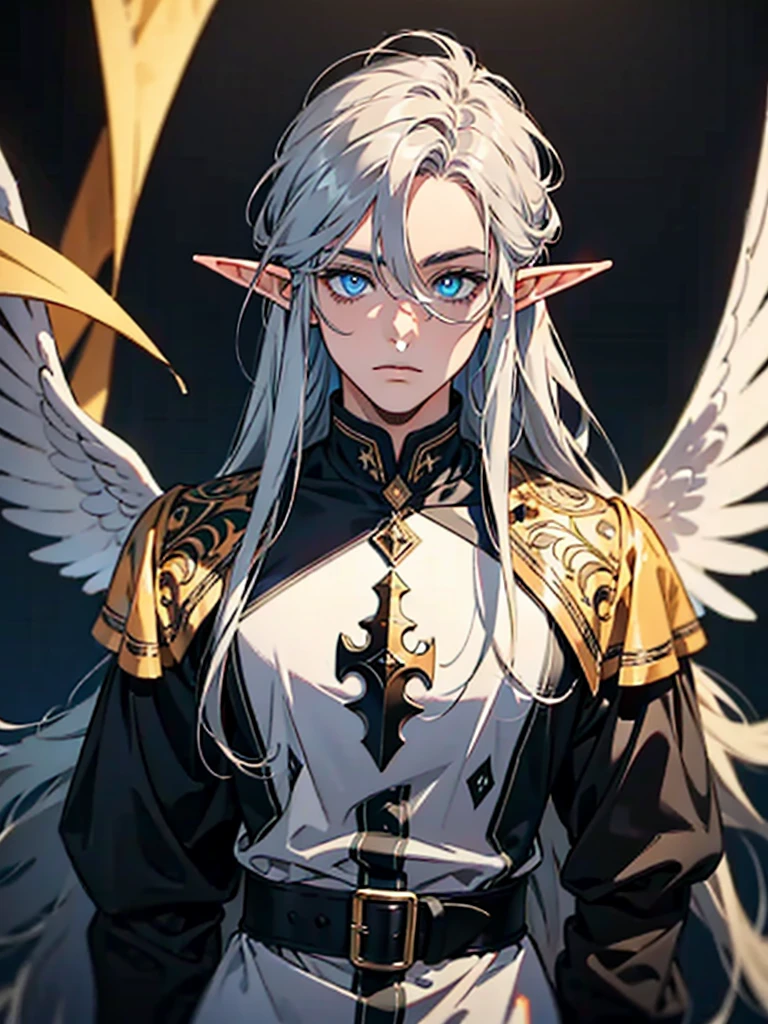 Elf Man, Guy with Gray hair, male, blue eyes, neon eyes, shining eyes, standing, medieval dress looking at viewer, digital art, masterpiece, sharp, black background, close look, no background, portrait,
