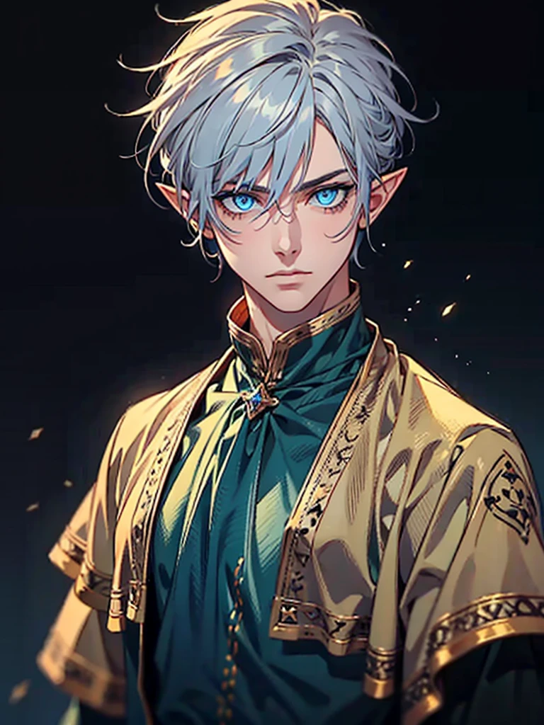 Elf Man, Guy with Gray hair, male, blue eyes, neon eyes, shining eyes, standing, medieval dress looking at viewer, digital art, masterpiece, sharp, black background, close look, no background, portrait,