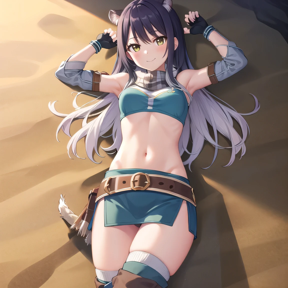 1girl, long hair, boots, thighhighs, midriff, skirt, crop top, quiver, bare shoulders, thighhighs under boots, bangs, gloves, belt, navel, breasts, vambraces, miniskirt, fingerless gloves, blush, Shiori, solo, lying, on back, on sand, arms up, spread arms, closed mouth, smile, (cowboy shot:1.5), 