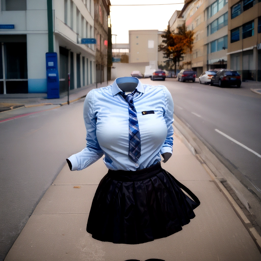 school blouse, plaid skirt, stripe tie on neck, black leggings, cute big breasts, (invisible, no human, headless, handless:1.5), (8k, RAW photo, best quality, masterpiece:1.2), (realistic, photo-realistic:1.37), photon mapping, radiosity, ((Hasselblad photography)), physically-based rendering