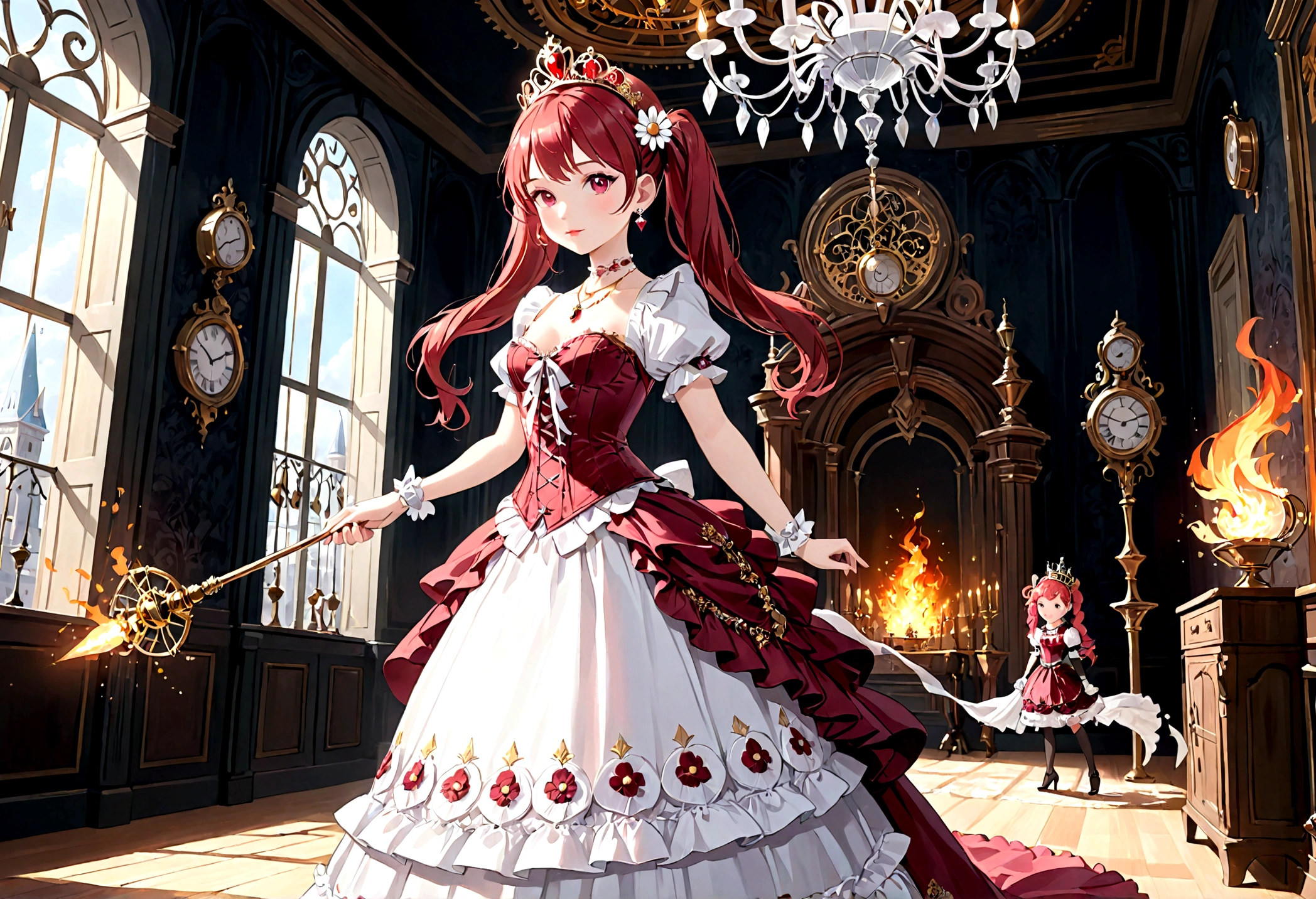 (best quality,4k,8k,highres,masterpiece:1.2),ultra-detailed, Pretty 15 years old princess, drawn in anime style, is cute and happy, long red pigtails hair, pink eyes, small breast, makeup and lipstick, steampunk, red and white ball gown with puffy sleeves, physically-based rendering,gorgeous frilly dress design,flowing gown,elaborate lace details,rich textures,contrast stitching,delicate ribbon bows,floral accents, daisy flowers embroidery, full skirt,short sleeves,fitted waistline,flared cuffs,lace-up back,luxurious fabrics,flawless silhouette, petticoat, bloomers, bustle, corset, hair ribbons, white elbow gloves, ruby earrings and necklace, gold tiara, high heels, holding a fire magic wand, standing in castle bedroom, highly detailed, 4K.