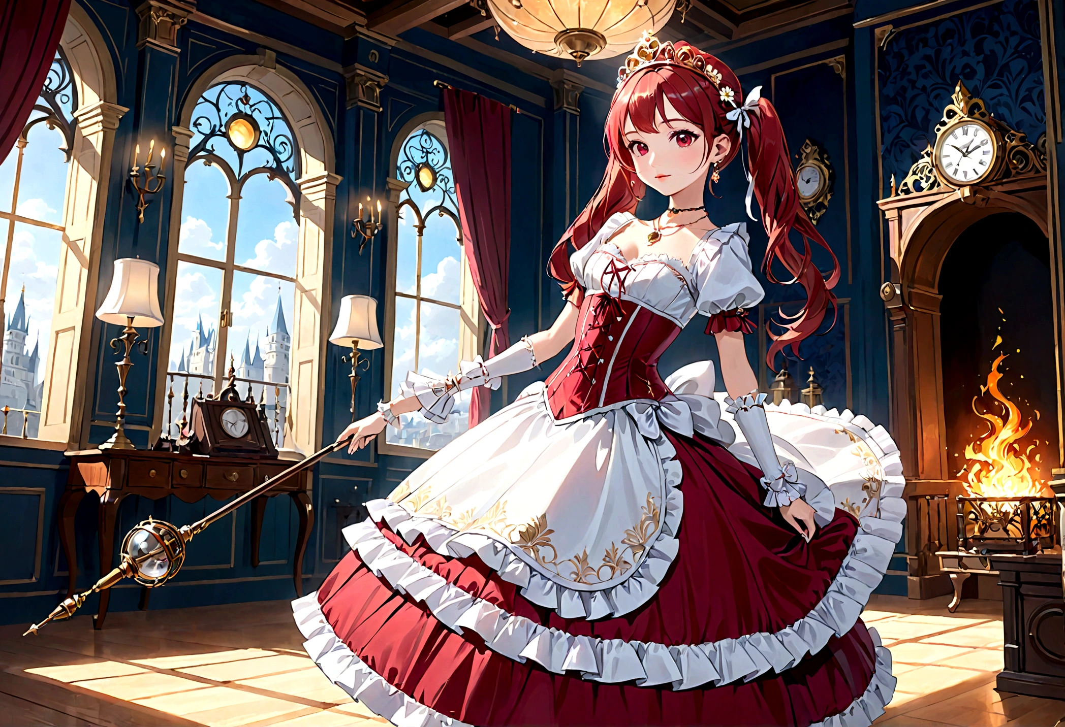 (best quality,4k,8k,highres,masterpiece:1.2),ultra-detailed, Pretty 15 years old princess, drawn in anime style, is cute and happy, long red pigtails hair, pink eyes, small breast, makeup and lipstick, steampunk, red and white ball gown with puffy sleeves, physically-based rendering,gorgeous frilly dress design,flowing gown,elaborate lace details,rich textures,contrast stitching,delicate ribbon bows,floral accents, daisy flowers embroidery, full skirt,short sleeves,fitted waistline,flared cuffs,lace-up back,luxurious fabrics,flawless silhouette, petticoat, bloomers, bustle, corset, hair ribbons, white elbow gloves, ruby earrings and necklace, gold tiara, high heels, holding a fire magic wand, standing in castle bedroom, highly detailed, 4K.