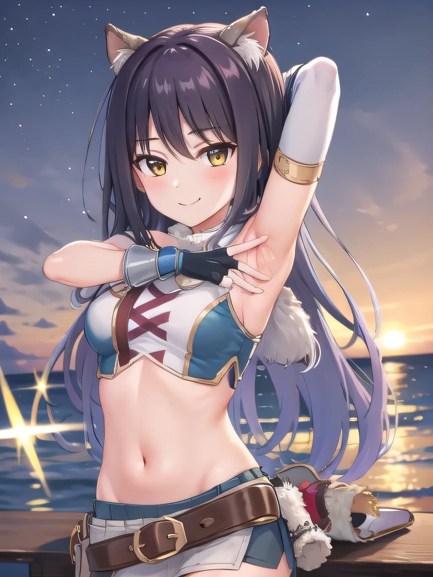 1girl, long hair, boots, thighhighs, midriff, skirt, crop top, quiver, bare shoulders, thighhighs under boots, bangs, gloves, belt, navel, breasts, vambraces, miniskirt, fingerless gloves, blush, Shiori, solo, night sky, beach, arms behind head, {contrapposto}, spread armpits, closed mouth, smile, upper body, 