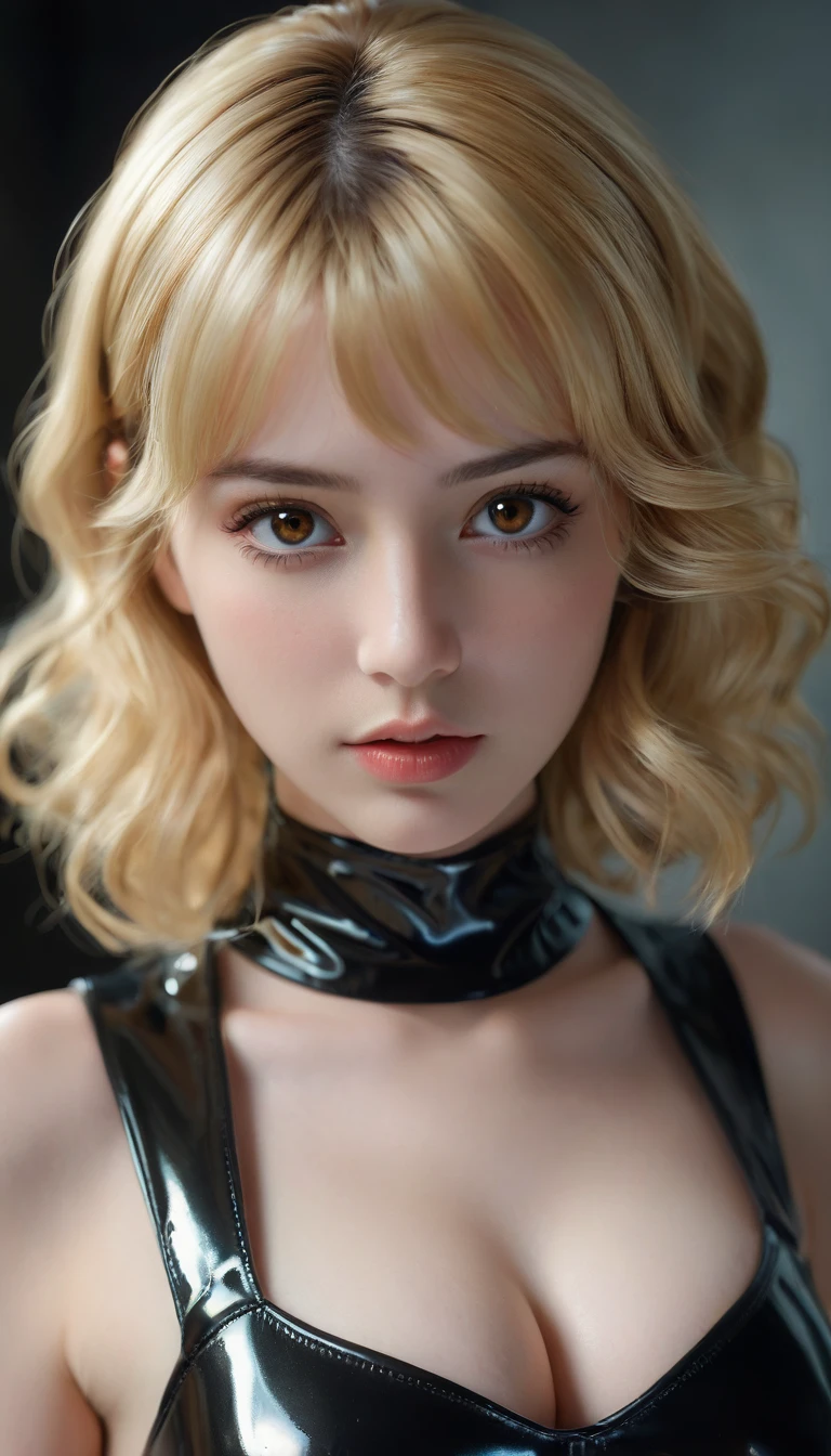 photorealistic Realism 8K, 16K Quality, (ultra absurd quality, extremely detailed detail, hyper resolution, clear sharp focus, not blurry, (Realistic brown_eyes:1.35)), ((perfect dark_eyeshadows:1.45)), (super Detailed, beautiful little nose:1.2), (perfect composition), Depth of field, cinematic light, Lens flare, (extremely beautiful face, beautiful lips , Beautiful eyes), Intricate detail face, best high quality real texture skin:1.3, A woman with velvety skin:1.33), ((best high quality real texture hair)), (short blonde hair, (wavy, combed up, behind the ear), extremely detailed:1.38)), photo of the most beautiful artwork in the world, professional majestic (photography by Steve McCurry), 8k uhd, dslr, soft lighting, high quality, Fujifilm XT3 sharp focus, f 5.6, dramatic, (Anatomically correct perfect proportions), ((perfect hands:1.2)), (Super beautiful face: 1.33), ((perfect female body:1.4)), cute girl, ((firm and full breasts)), (the most absurd quality perfect eyes:1.35), ((super beautiful cute sharp-face)), (light pale complexion), transparent color pvc ((full-body shiny latex, full colors Brightly outfit, holograph tight latex:1.24)), (((close to her face:1.33)))