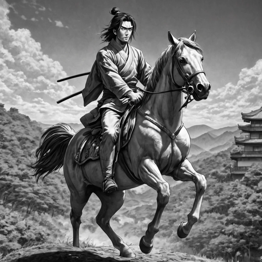 1samurai, riding on top of a horse, (anime), bizarre scenario, Junji Ito, Yusuke Murata, black and white, 8k, anime, horror