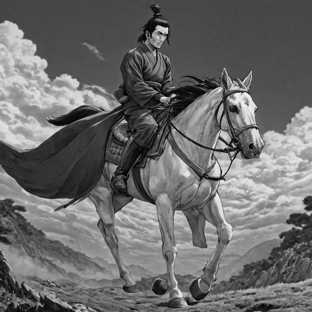 1samurai, riding on top of a horse, (anime), bizarre scenario, Junji Ito, Yusuke Murata, black and white, 8k, anime, horror