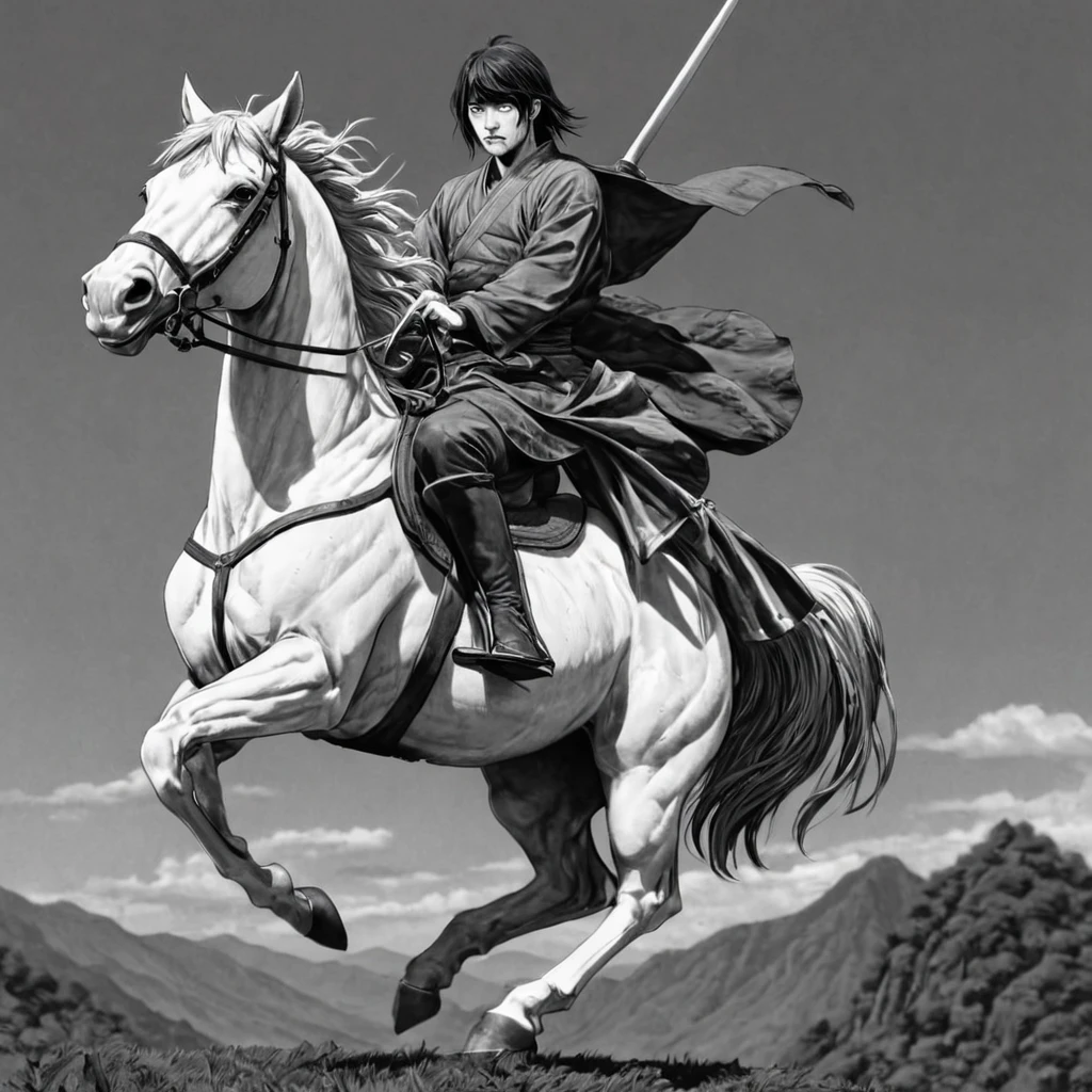 1samurai, riding on top of a horse, (anime), bizarre scenario, Junji Ito, Yusuke Murata, black and white, 8k, anime, horror