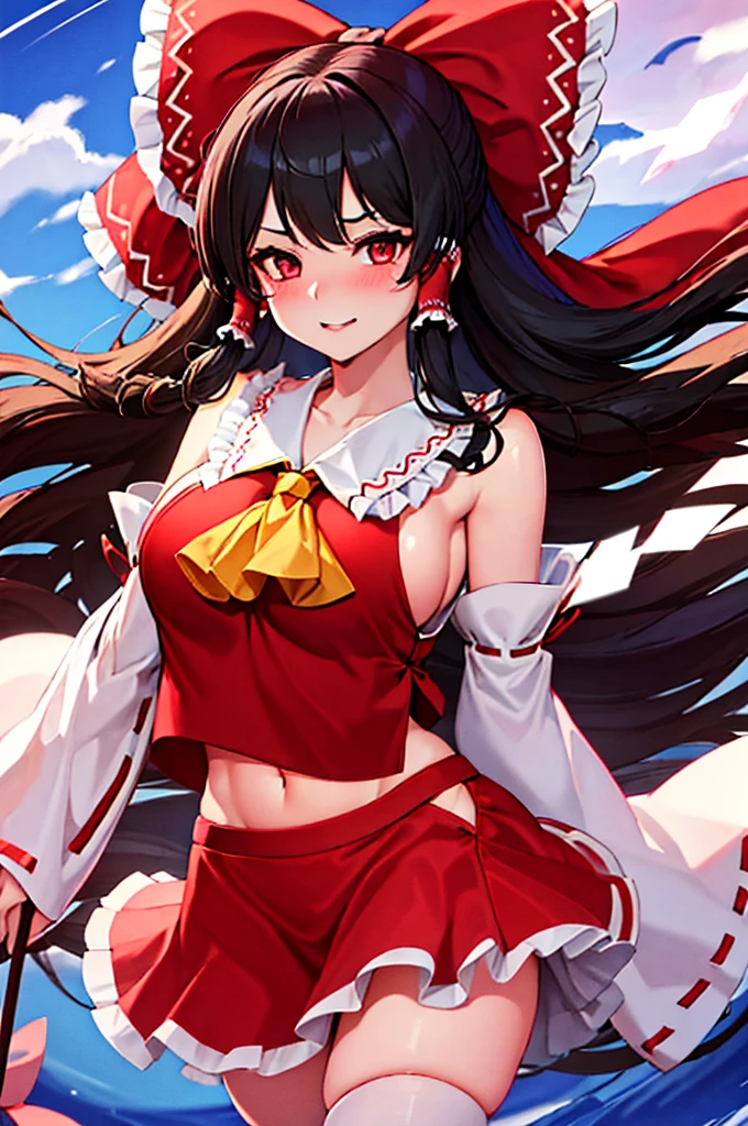 gorgoeous woman, hakurei reimu, teasing look, looking at viewer, blushing face, heart in eyes, high quality, 4k, well detailed, perfect body, beautifull face, suggestiv pose, tall girl, windy day,