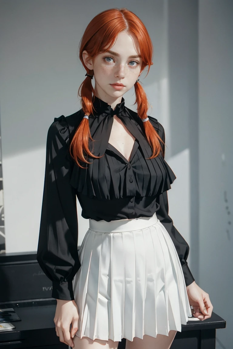 1girl, ginger, freckled face, face freckles, rosy, contemptuous look, 1 girl, solo, pigtails haircut,pale skin, (((huge bust))), stand sexy pose, beautiful, ((pleated skirt)), ((black blouse)), cleavage, cold palette
