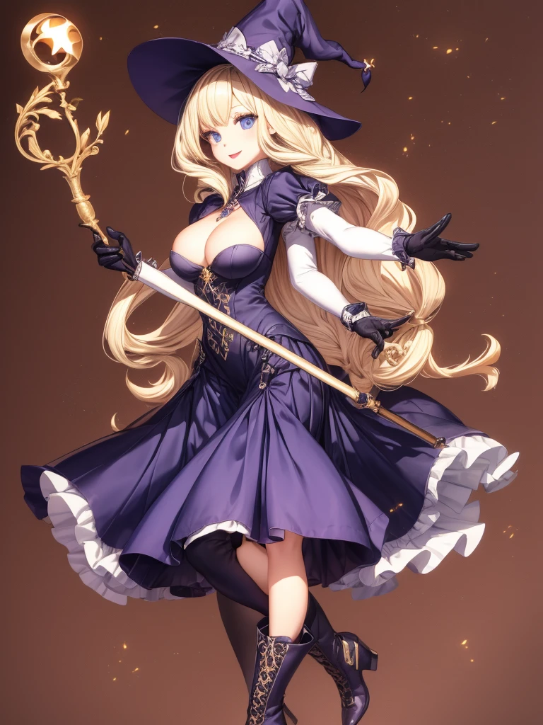 masterpiece, best quality, 1girl, solo, hat, blonde-hair, drill-hair, gloves, breasts, blue-eyes, witch-hat, thigh-boots, thighhighs, boots, elbow-gloves, open-mouth, staff, purple-headwear, smile, dress, full-body, simple-background, cleavage, large-breasts, looking-at-viewer, purple-dress, very-long-hair, purple-gloves, holding, purple-footwear, wand standing-on-one-leg, twin-drills, holding-staff, witch, black-footwear, puffy-sleeves
