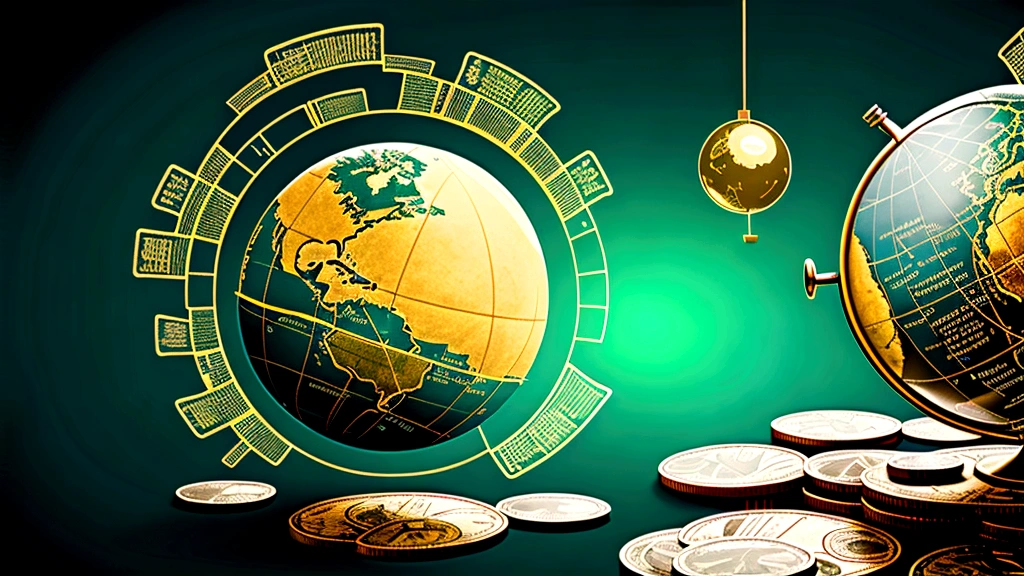blackboard with economic graphs, a globe and flying money, flat colors, green and gold