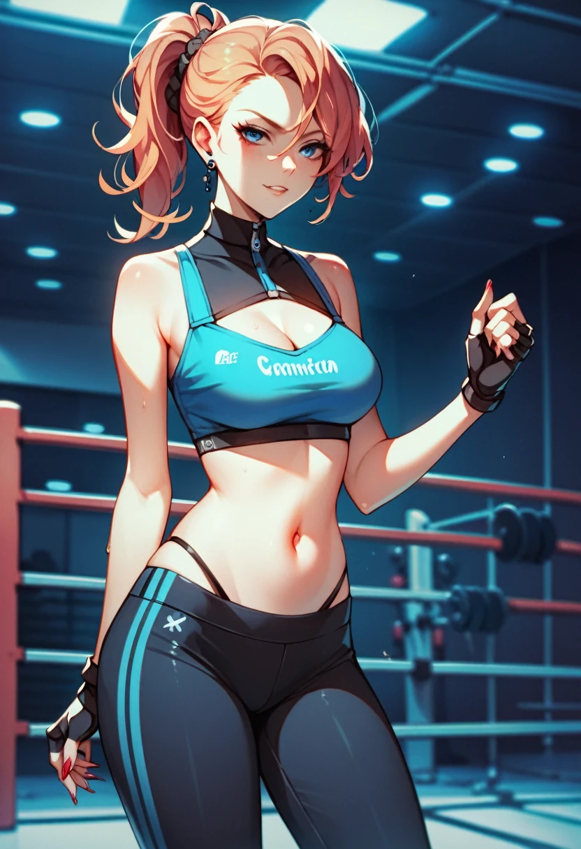 2D anime picture, (anime style 1), single female arrogant boxer, 20 years old, sadistic, Japanese, pretty haircut, в сексуальном боксёрском наряде with high neck crop top, in short sport pants, in MMA gloves stands near the boxing ring, in empty gym, night