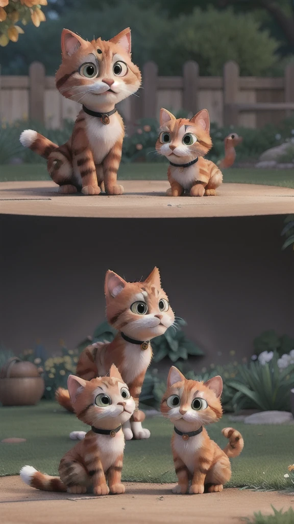 The same orange cat meeting a black-and-white kitten in the garden, both cats cautiously sniffing each other.