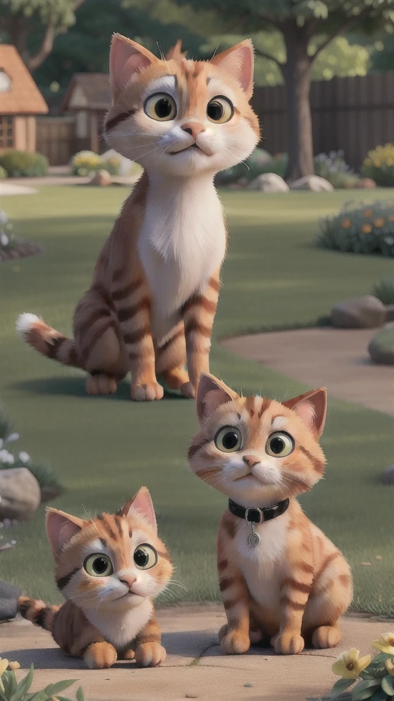The same orange cat meeting a black-and-white kitten in the garden, both cats cautiously sniffing each other.