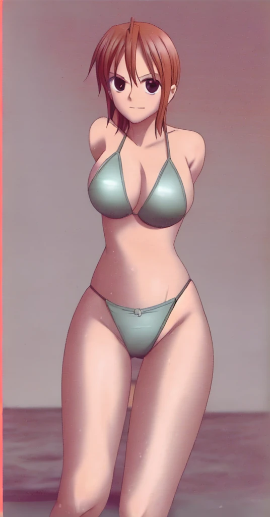 absurdres, (masterpiece,best quality,ultra-detailed:1.6),(cartoon:1.2),(flat coloring:1.5),(j.scott Campbell art style),(illustration),(clean lineart),(perfect face,highly detailed eyes,detailed lips:1),hdr,4k,25mm,(sharp focus:1.2),BREAK (solo:1.5),[front view::1],(from side:0.88), [full body shot:1.5], (full body view:1.5), (centered angle:1),(centered in frame:1),BREAK (standing:1),(tiptoeing:1.6),(arms behind low back:1.3), (Original visual novel game caucassian girl character), [blue eyes::3], (full lineart lips), (blonde hair), (left side tucked behind ear short hair:1.3), (light skin:1), (White micro bikini:1.5), (f:1.5), (teen appearance:1.1), (short average height),((huge large round perky breasts:1.5)), (skinny:0.6), (slim:0.8), normal expression,BREAK (simple background:1.5),(white screen background:1.5)
