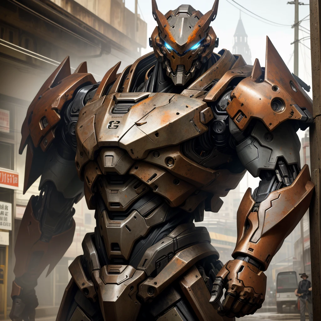 Portrait photo of an alpha male, perfect eyes, in a worn mecha suit, intricate, (steel metal [rust]), elegant, sharp focus, photo by greg rutkowski, soft lighting, vibrant colors, masterpiece, ((streets)), cowboy shot, dynamic pose,