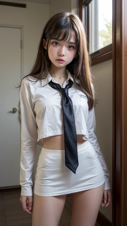 malina weissman, traje de colegiala, sexi, cintura descubierta, mirada timida, piernas abiertas camisa desabotonada