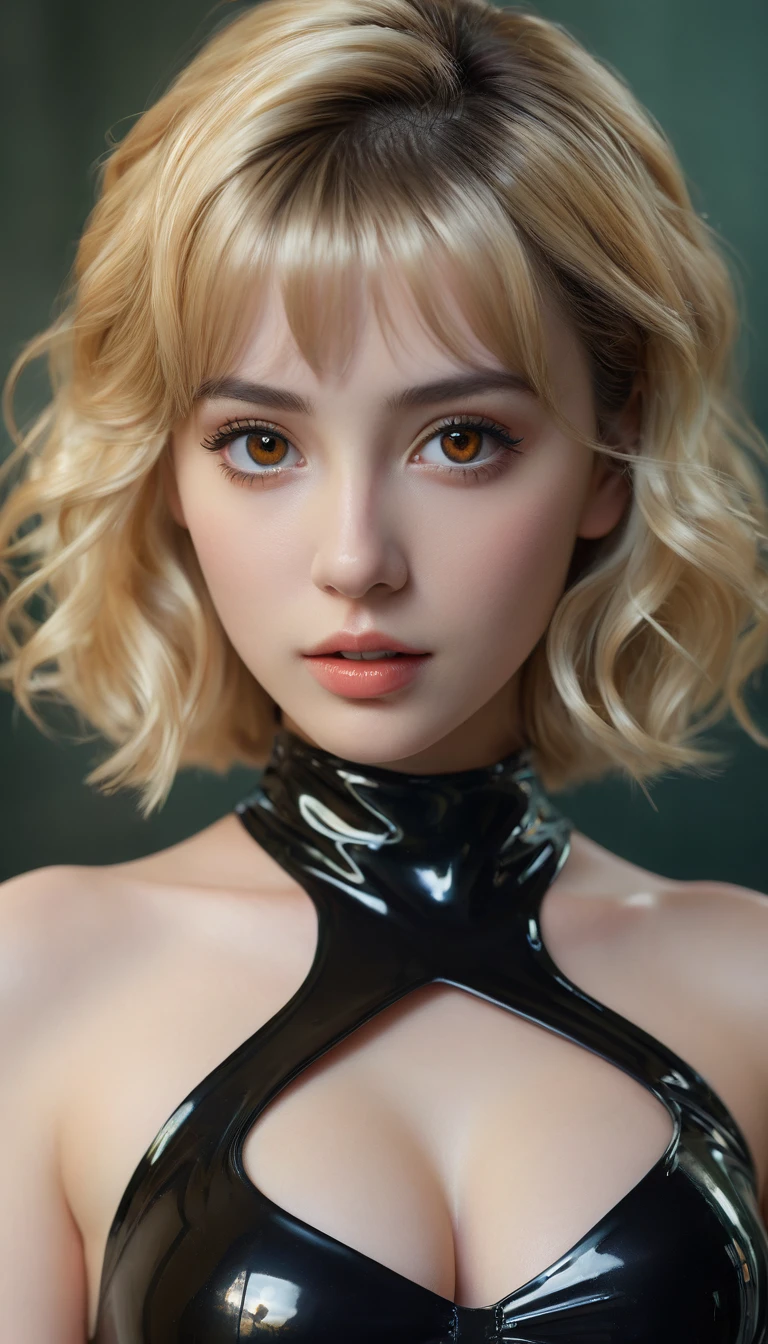 photorealistic Realism 8K, 16K Quality, (ultra absurd quality, extremely detailed detail, hyper resolution, clear sharp focus, not blurry, (Realistic brown_eyes:1.35)), ((perfect dark_eyeshadows:1.45)), (super Detailed, beautiful little nose:1.2), (perfect composition), Depth of field, cinematic light, Lens flare, (extremely beautiful face, beautiful lips , Beautiful eyes), Intricate detail face, best high quality real texture skin:1.3, A woman with velvety skin:1.33), ((best high quality real texture hair)), (short blonde hair, (wavy, combed up, behind the ear), extremely detailed:1.38)), photo of the most beautiful artwork in the world, professional majestic (photography by Steve McCurry), 8k uhd, dslr, soft lighting, high quality, Fujifilm XT3 sharp focus, f 5.6, dramatic, (Anatomically correct perfect proportions), ((perfect hands:1.2)), (Super beautiful face: 1.33), ((perfect female body:1.4)), cute girl, ((firm and full breasts)), (the most absurd quality perfect eyes:1.35), ((super beautiful cute sharp-face)), (light pale complexion), transparent color pvc ((full-body shiny latex, full colors Brightly outfit, holograph tight latex:1.24)), (((close to her face:1.33)))