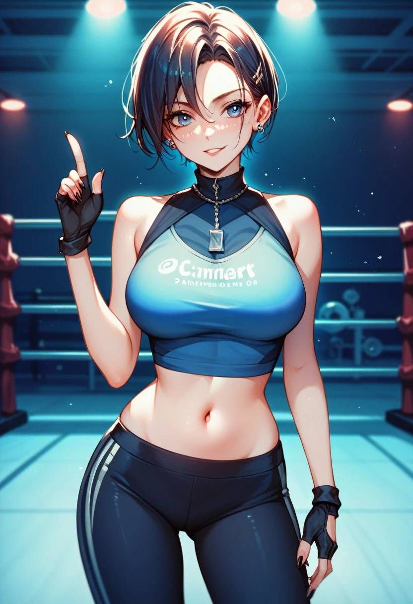 2D anime picture, (anime style 1), single female arrogant boxer, 20 years old, sadistic, Japanese, pretty haircut, в сексуальном боксёрском наряде with high neck crop top, in short sport pants, in MMA gloves stands near the boxing ring, in empty gym, night