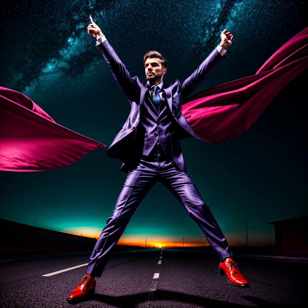 a stock foto image of a elegant man in a street. the street is very luxury, the sky is dramatic and of neon colors. full body shot