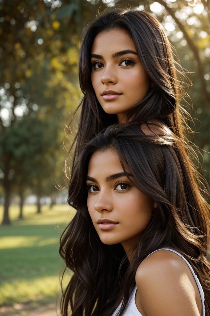 A photorealistic portrait of a 21-year-old colombian girl with long, flowing dark hair and striking dark eyes. She should have a natural, approachable expression and be illuminated by soft, golden-hour sunlight. The background should be a scenic outdoor setting, perhaps a sunlit park or beach. Capture this image with a high-resolution photograph using an 85mm lens for a flattering perspective.