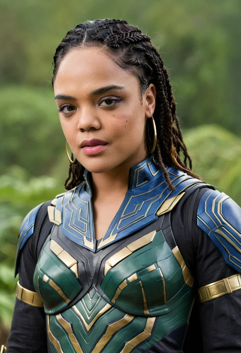 Extremely gorgeous woman Tessa Thompson AS A WAKANDAN WARRIOR, DETAILS, GOOD SKIN, highly detailed, skin pores, sharp focus, amazing details,