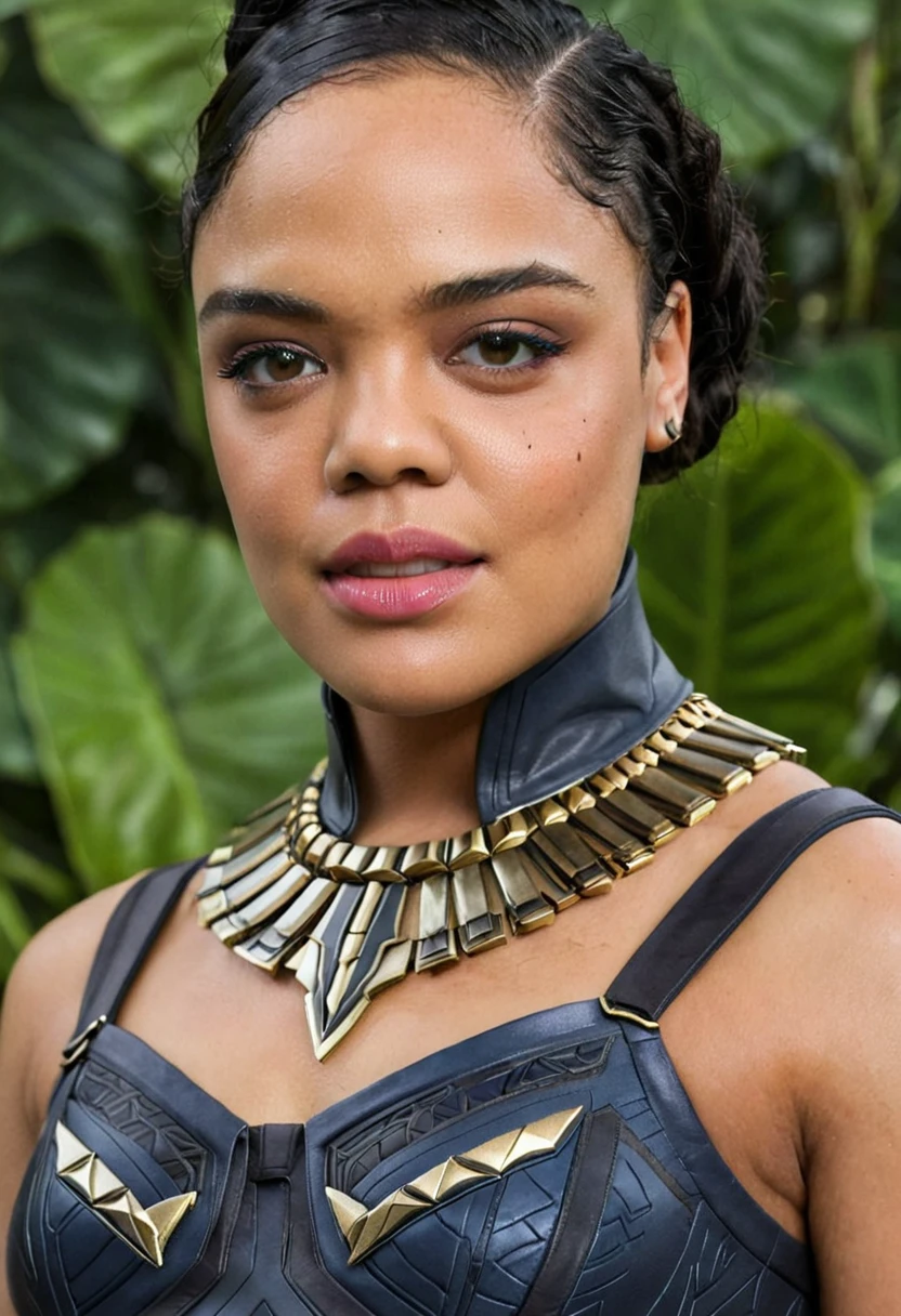 Extremely gorgeous woman Tessa Thompson AS A WAKANDAN WARRIOR, DETAILS, GOOD SKIN, highly detailed, skin pores, sharp focus, amazing details, 