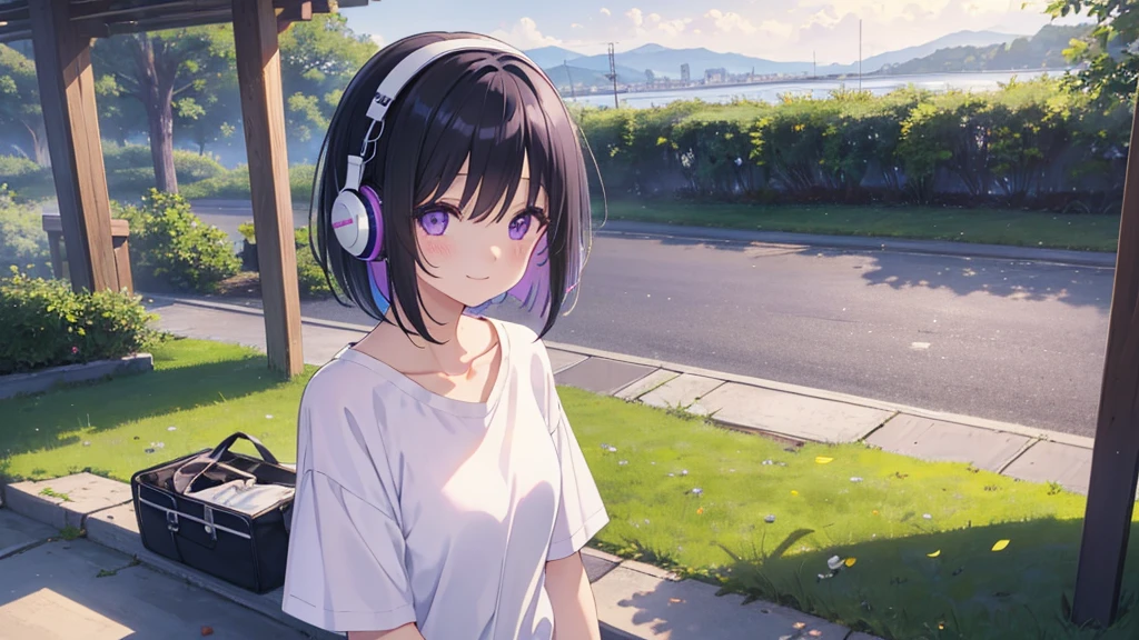 Masterpiece、Beautiful light、landscape、pastel colour、dream-like、I put on headphones、pretty girl、Black Hair、Bob Hair、Droopy eyes、Purple eyes、White T-shirt、Shorts、smile、Happy、Transparency、Cool feeling、Sparkling、