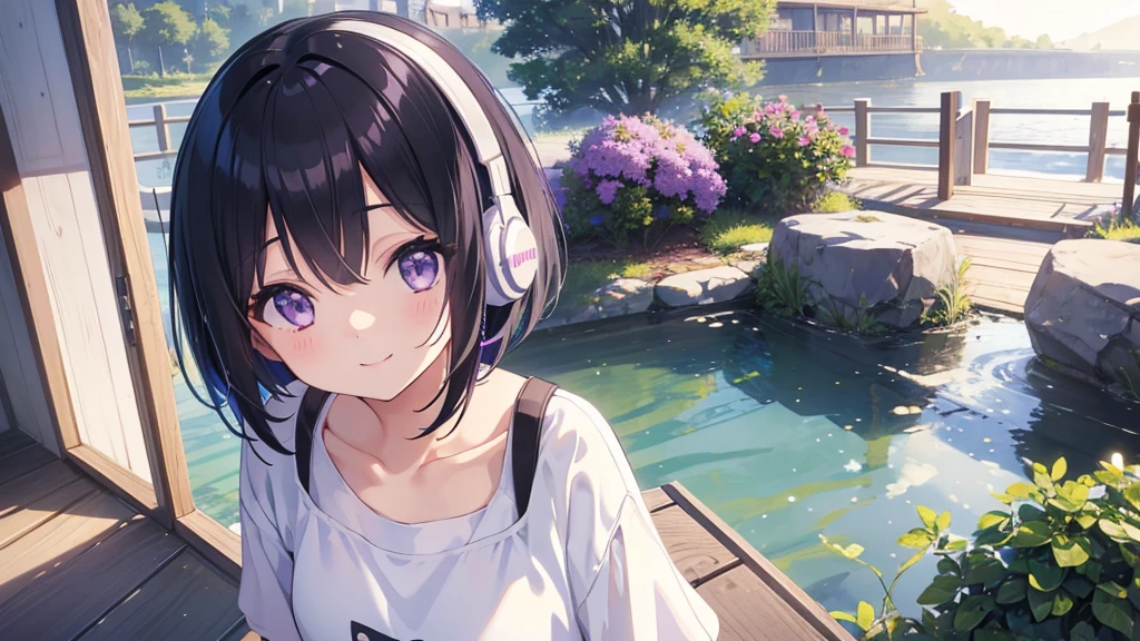 Masterpiece、Beautiful light、landscape、pastel colour、dream-like、I put on headphones、pretty girl、Black Hair、Bob Hair、Droopy eyes、Purple eyes、White T-shirt、Shorts、smile、Happy、Transparency、Cool feeling、Sparkling、