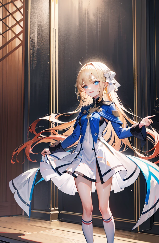 (Standing painting: 1.2) + (1girl:1.5)+ golden hair + princess cut + white knight uniform + detailed eyes and nose + deep blue eyes +  white battle uniform + domineering, masterpiece, best quality,evil smile,holy,((the wood background)),